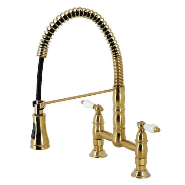 Kingston Brass Heritage Double-Handle Pull Down Sprayer Kitchen Faucet in Brushed Brass