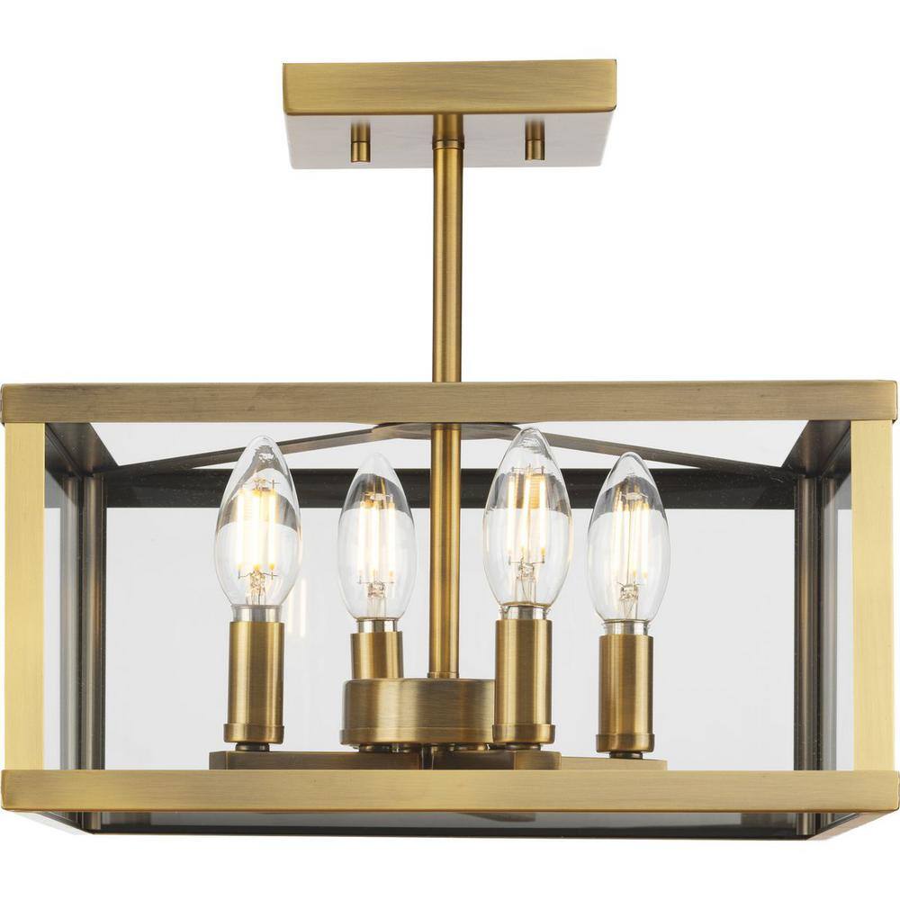 Hillcrest 13'' Vintage Brass Semi-Flush Mount with Glass Panels