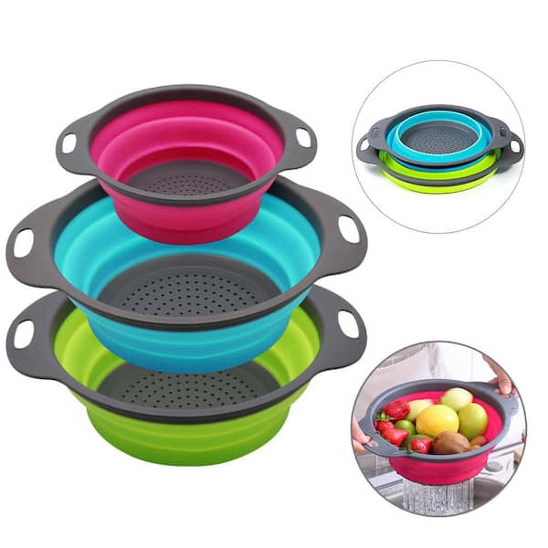 Collapsible Silicone Colander Set of 3:2-Piece 4 Qt. and 1-Piece 2 Qt. Drains Pasta, Veggies, Fruit (Green/Blue/Purple)