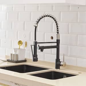 Double Handle Kitchen Sink Faucet with Pull Down Sprayer Commercial Modern Brass Taps in Brushed Nickel & Matte Black