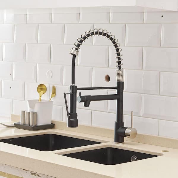 FLG Double Handle Kitchen Sink Faucet with Pull Down Sprayer Commercial  Modern Brass Taps in Brushed Nickel & Matte Black CC-0061-BN&MB - The Home  Depot