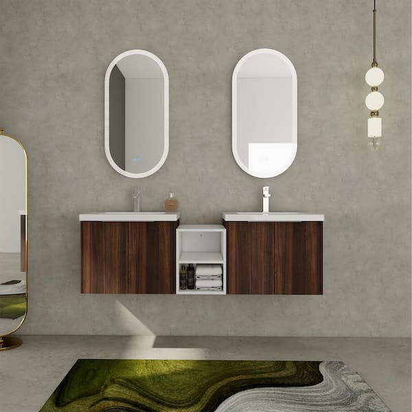 18 in. W x 60 in. D x 19 in. H 2 Sink Wall Mounted Bath Vanity in Walnut with White Resin Top and 1-Storage Shelves