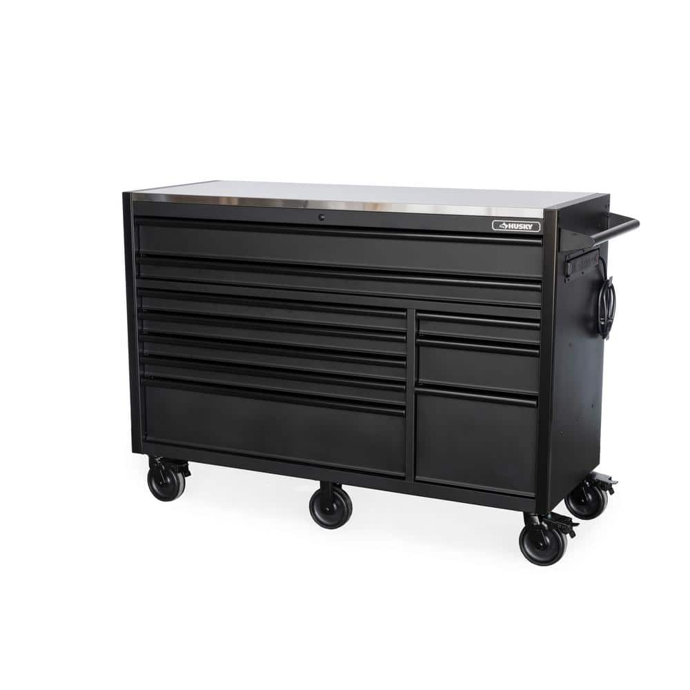 Modular Tool Storage 62 in. W Heavy Duty Matte Black Mobile Workbench Cabinet with Stainless Steel Top -  Husky, HOTC6210BB1D