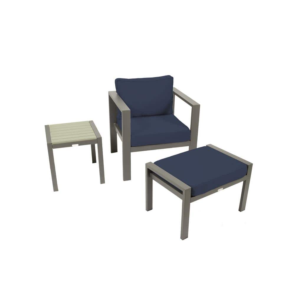 Lakeview Aluminum Outdoor Lounge Chair Set with Navy Cushion, Ottoman, and 
