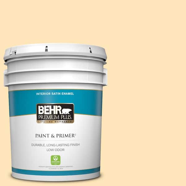 BEHR PREMIUM PLUS 5 gal. #BIC-28 Butter Creme Satin Enamel Low Odor Interior Paint & Primer