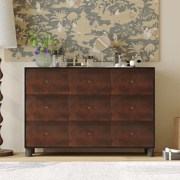 FUFU&GAGA Walnut 9-Drawer 59 in. Wide Modern Dresser without Mirror, Storage Drawers with Solid Wood and Metal Handle