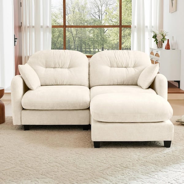 Leah 74 in. Chenille Upholstered Cloud Rectangle Sectional Sofa in Beige with Ottoman, 2-Pillows