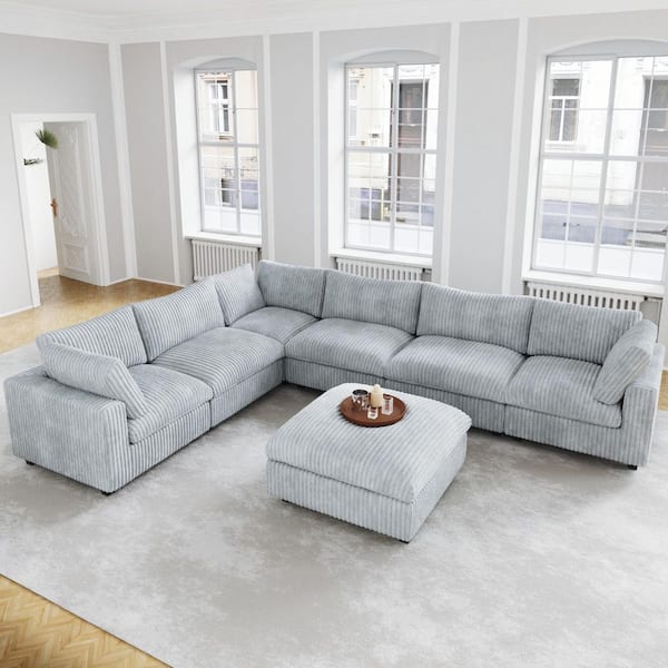 118 in. Squred Arm Soft Faux Rabbit Fur Velvet Modular Sectional Sofa V-shaped Corner Couch with Ottoman in Gray