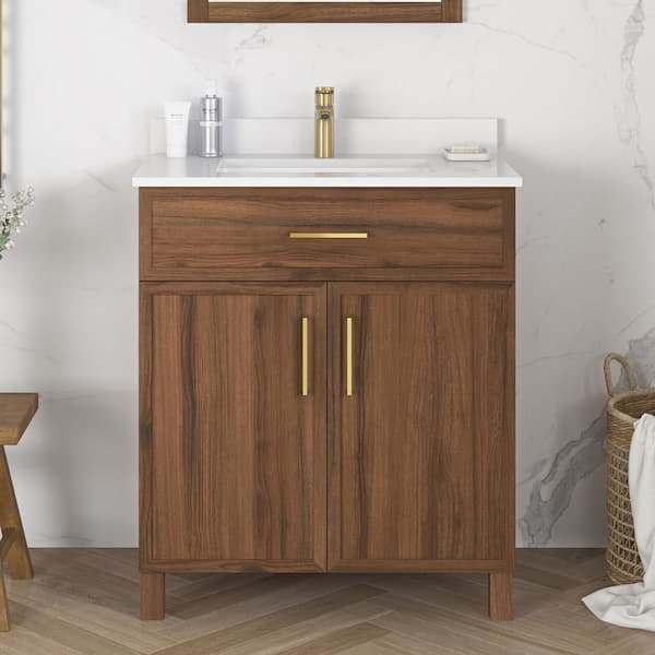 Home Decorators Collection Bilston 30 in. W x 19 in. D x 34 in. H Single Sink Bath Vanity in Spiced Walnut with White Engineered Stone Top