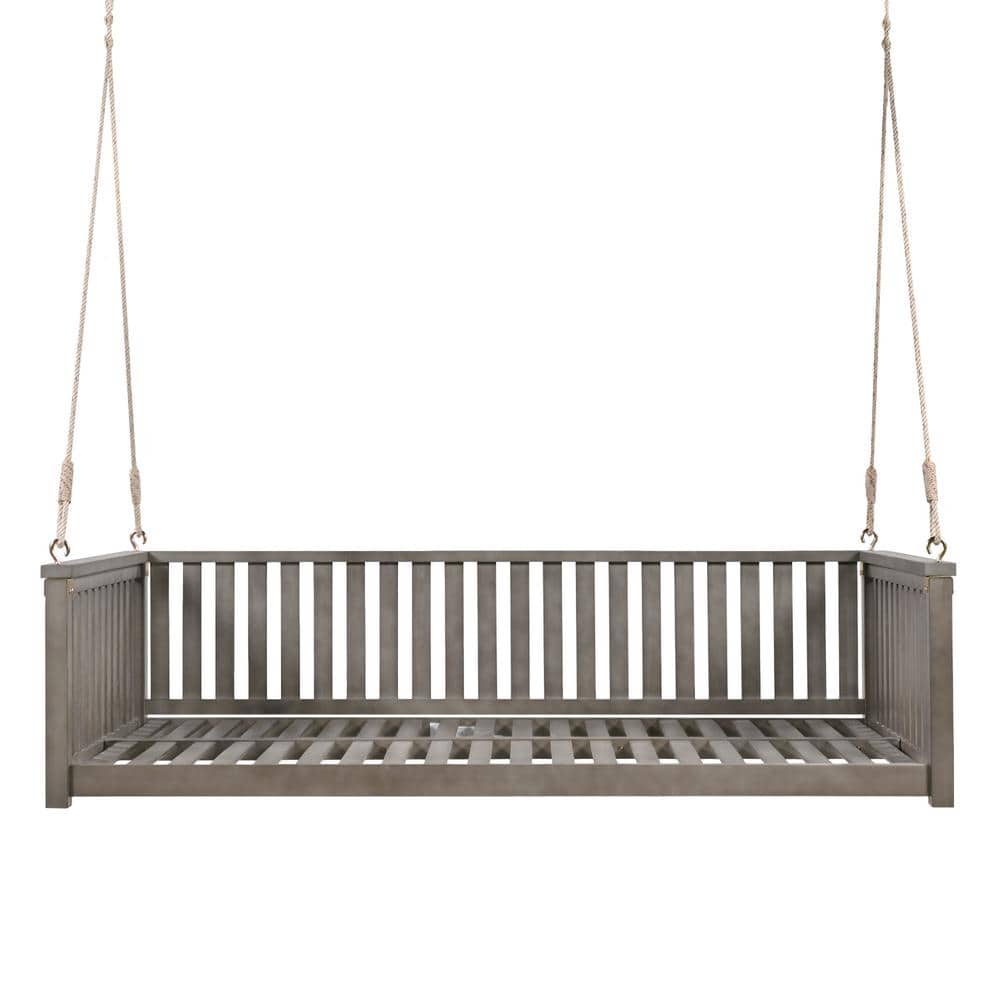 grossag 2Person Gray Acacia Wood Porch Swing with Ropes and Safe