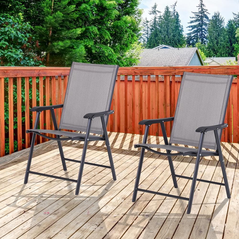 Set of 2 Folding Patio Chairs with Armrests, Stackable Outdoor Sling Dining