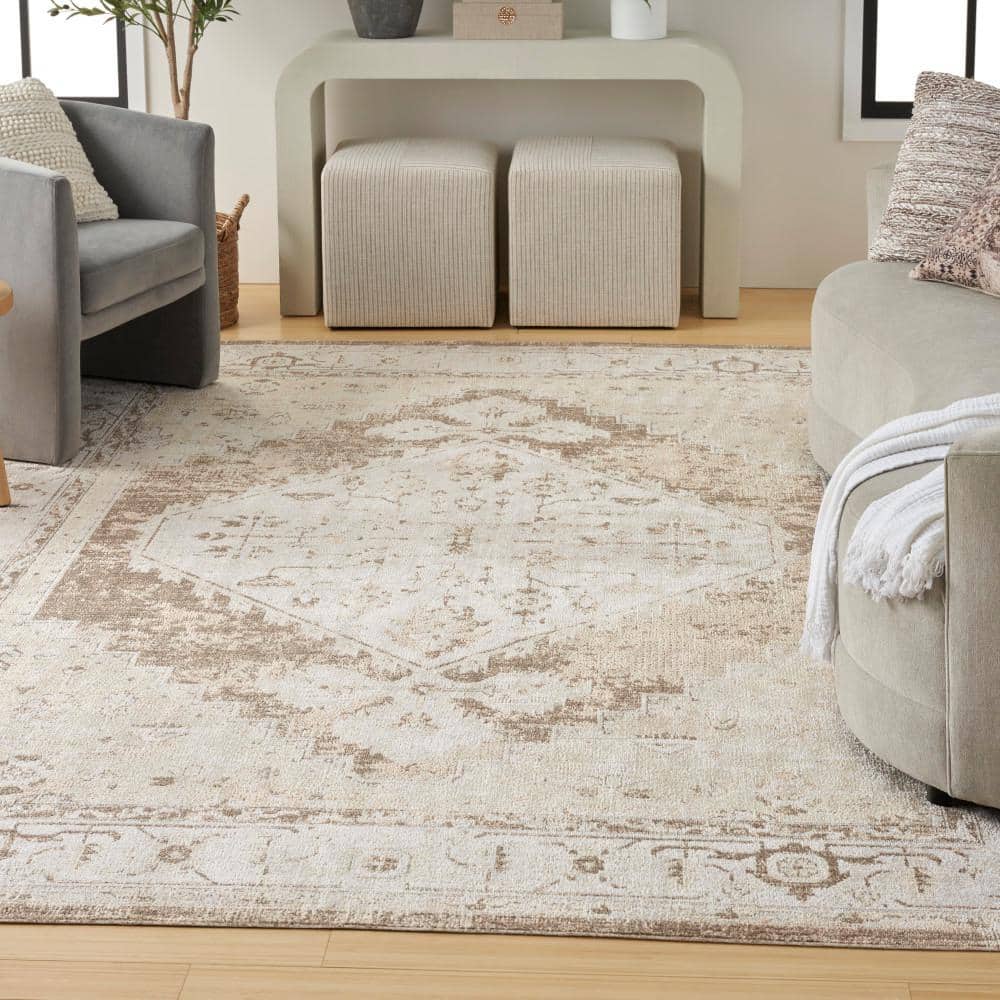 Astra Beige Floral Synthetic Rectangular Washable Area Rug