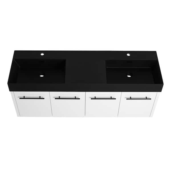 60 in. Wall-Mounted Double White Bath Vanity with Black Resin Top Unassembled