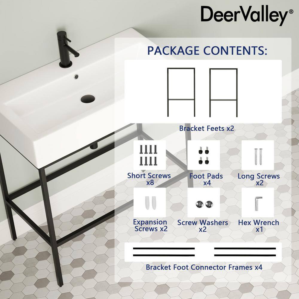 Black Ceramic Wall-Mount Console Bathroom Sink with Stainless Steel Bracket
