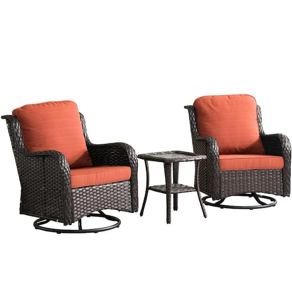 Moonlight Brown 3-Piece Wicker Patio Conversation Seating Sofa Set with Orange Red Cushions and Swivel Rocking Chairs