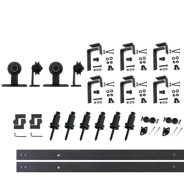 HOMACER 7.5 ft./90 in. Black Rustic Double Track Bypass U-Shape Sliding Barn Door Hardware Kit - T-Shape Design Roller