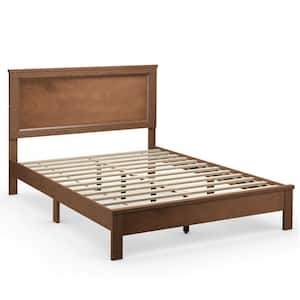 Walnut Wood Queen Platform Bed Frame with Headboard, No Box Spring Needed