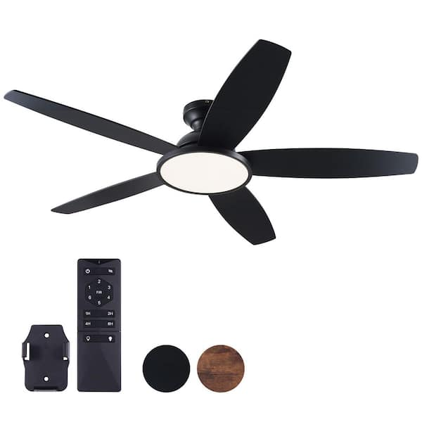 52 in. Indoor Black Dark Walnut Low Profile Flush Mount Standard Ceiling Fan with 3CCT LED Integrated Light and Remote