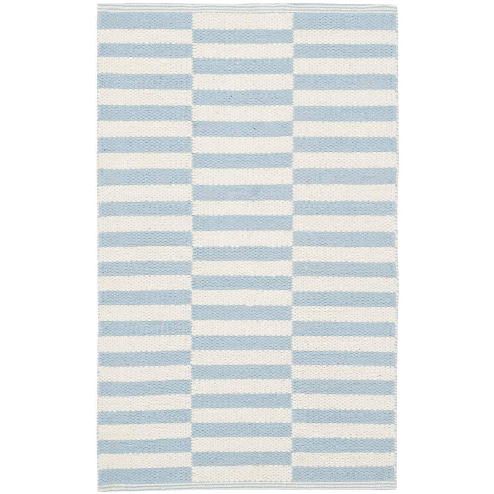 Ivory and Light Blue Striped Cotton Flat Woven Rug