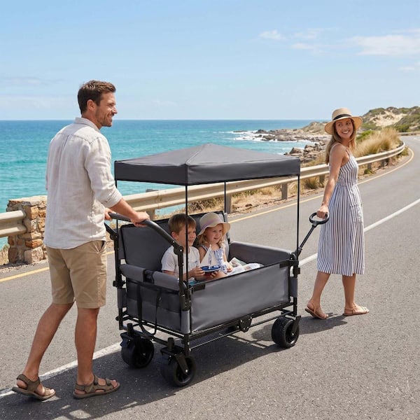 3-in-1 Folding Wagon Cart with Bench Seat & Canopy & Storage, 500lbs Heavy-Duty, 180L Capacity, All-Terrain Wagon
