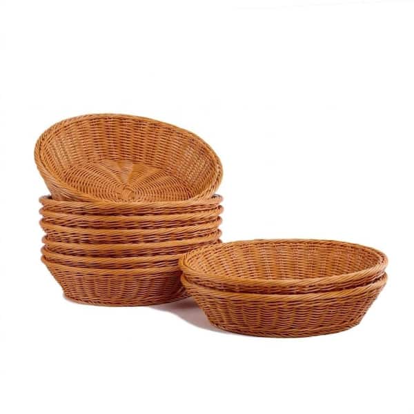 8-Pack Round Poly Rattan Bread Basket 13.8 x 3 Inch Waterproof Food-Grade Serving Baskets for Home Use