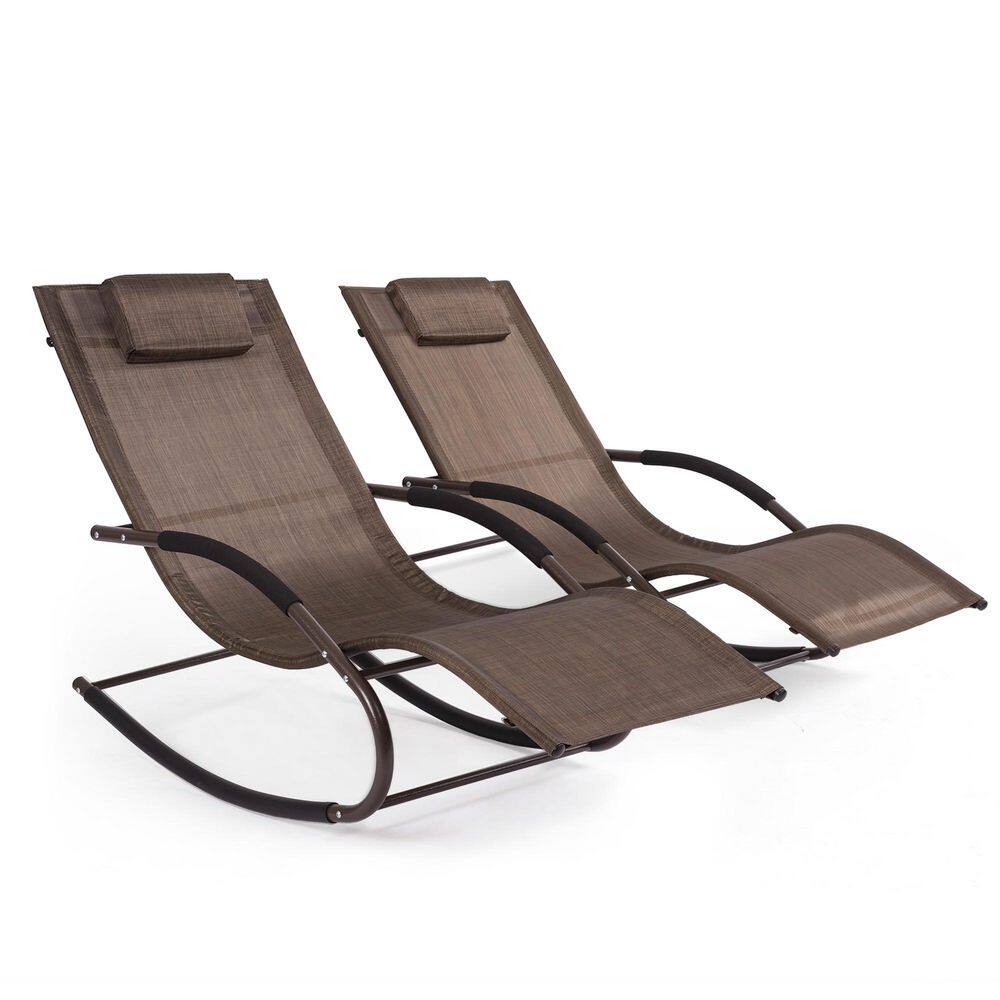 Brown Steel Frame Chaise Lounge with Cushions and Arms, Set of 2