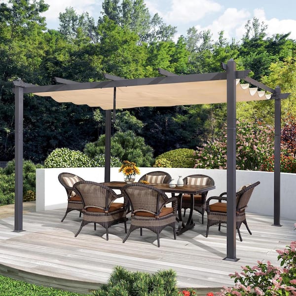 10 ft. x 12 ft. Gray Aluminum Frame Outdoor Patio Pergola Gazebo with Beige Retractable Sun Shade Canopy for Garden