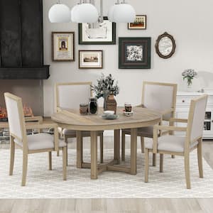 5-Piece Natural Wood Wash Round to Oval MDF Top Dining table Set Seats-4 with Extendable Butterfly Leaf and 4-Chairs
