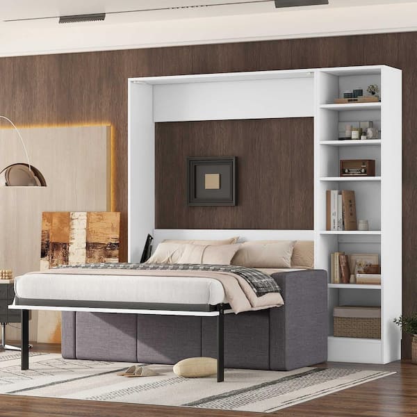 White Wood Frame Full Murphy Bed with Sofa, with Shelves