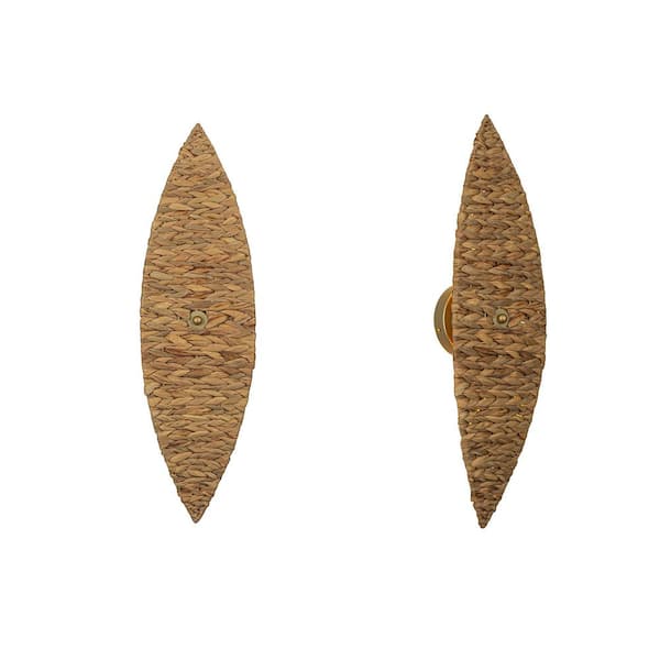 ELE Light & Decor Ele 7 in. Wide 2-Lights Gold Coastal Wall Sconce with Natural Rattan Banana Leaf Shade (2 Pack)