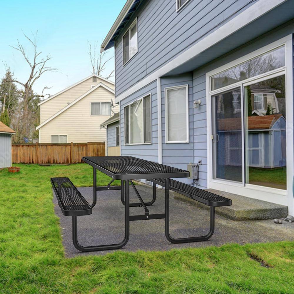 96" Black Steel Weather Resistant Outdoor Picnic Table