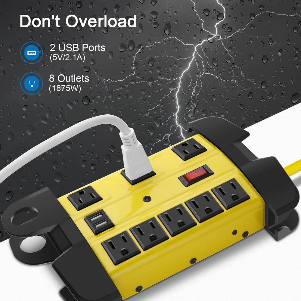 Yellow Heavy Duty Industrial Metal Power Strip with USB and 6 ft Cord