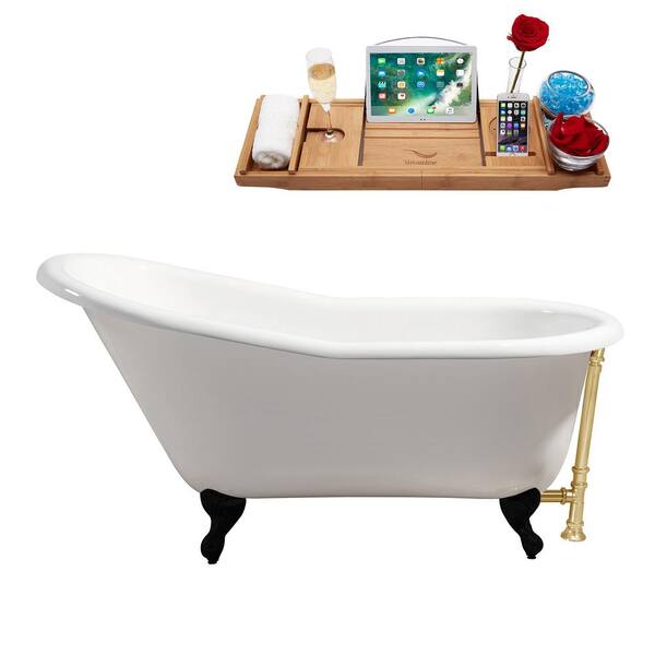 Streamline 60 in. x 30 in. Cast Iron Clawfoot Soaking Bathtub in Glossy White with Matte Black Clawfeet and Polished Gold Drain