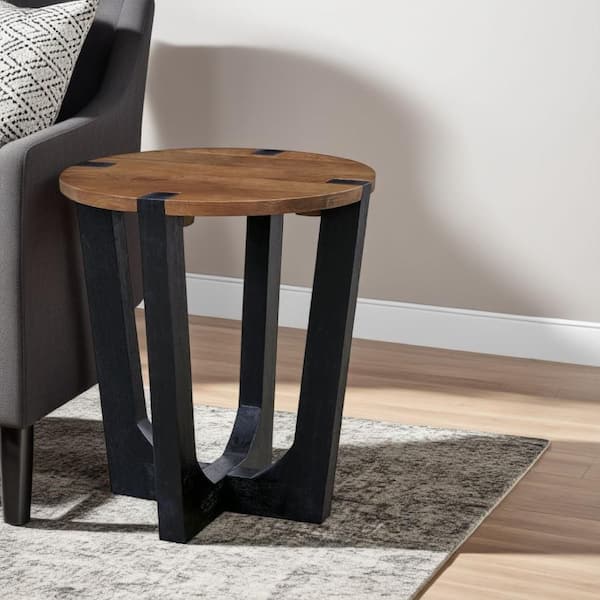 Benjara Leyi 22 in. Brown and Black Round Wooden End Table with Angled Legs