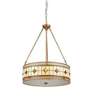 Minerals 27 in. 3-Light Rustic Bronze Pendant with Hand Rolled Art Glass and Metal Shade
