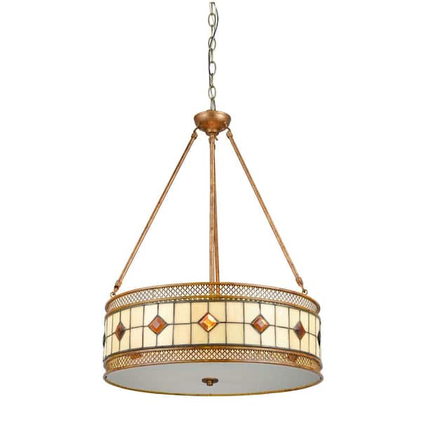 Dale Tiffany Minerals 27 in. 3-Light Rustic Bronze Pendant with Hand Rolled Art Glass and Metal Shade