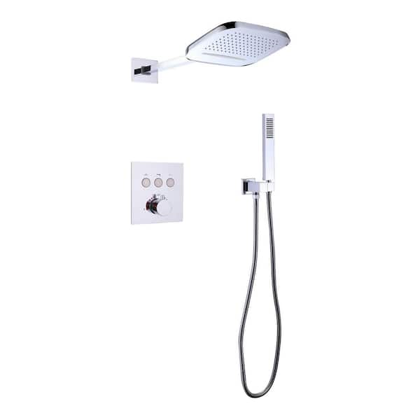 3-Spray Dual Wall Mount Fixed and Handheld Shower Head 1.59 GPM in Chrome Thermostatic Value Waterfall Shower System