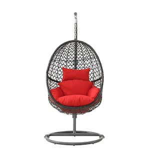 45.2 in. Width Black Metal PE Rattan Patio Swing with Red Cushions, Stand