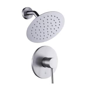 Round 1-Spray Patterns with 1.8 GPM 8 in. Wall Mount Rain Fixed Shower Head with Brass Valve Included in Brushed Nickel