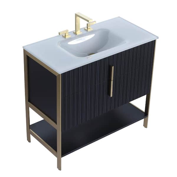 FINE FIXTURES 36 in. W x 18 in. D x 33.5 in. H Bath Vanity in Black Matte  with Glass Vanity Top in White with Brass Hardware SE36BL-SB-VGW8 - The  Home Depot
