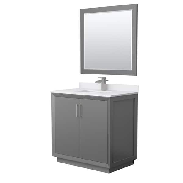 Wyndham Collection Strada 36 in. W x 22 in. D x 35 in. H Single Bath Vanity in Dark Gray with White Cultured Marble Top and 34" Mirror