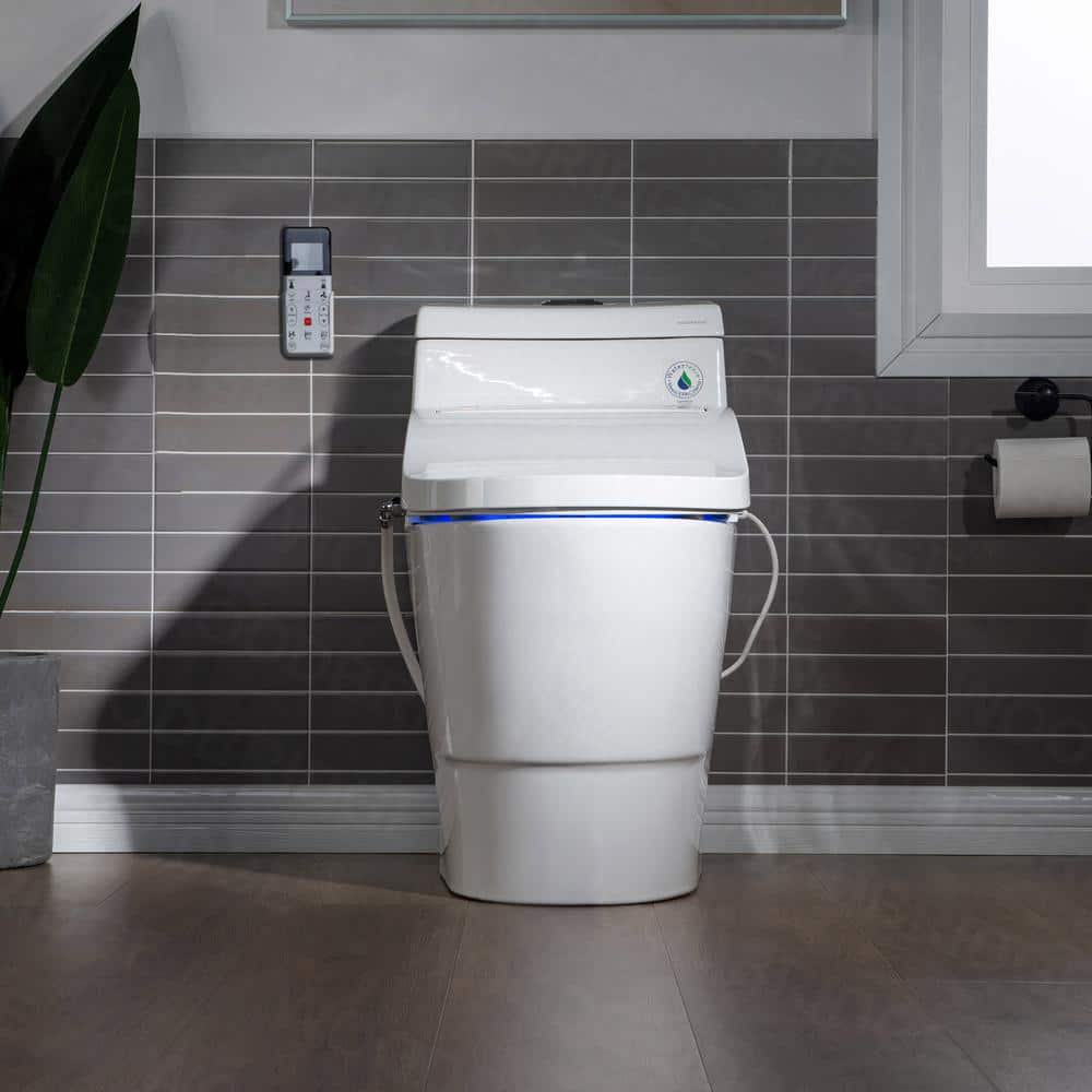 White Porcelain Elongated One-Piece Dual Flush Toilet with Smart Bidet