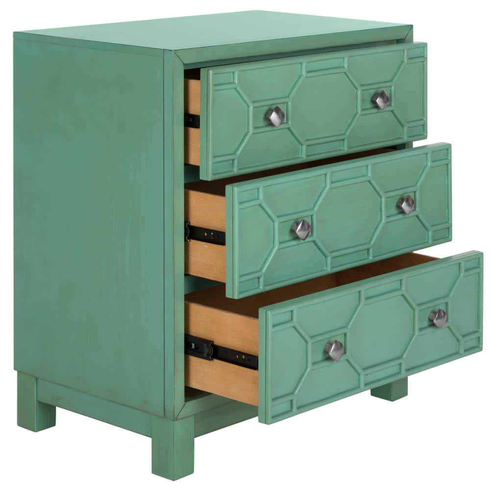 Transitional Turquoise Solid Rubberwood 3-Drawer Chest