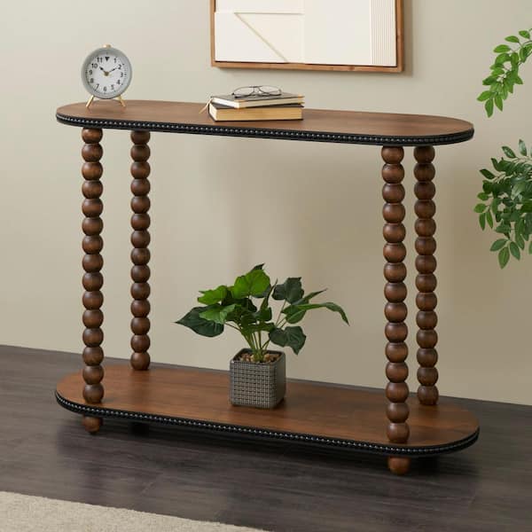 Litton Lane 47 in. Brown Extra Large Oval Wood Oval Spindle 1 Shelf Console Table with Beaded Edges