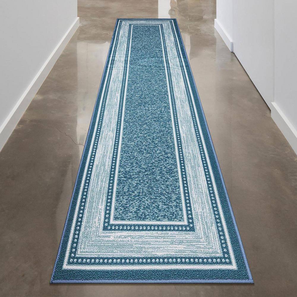 Blue Synthetic Non-Slip Washable Hallway Runner Rug