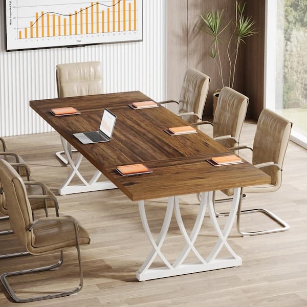 BYBLIGHT Moroni 70.86 in. Rustic Brown and White Wood Computer Desk, Rectangular Meeting Seminar Table for 6-8 People