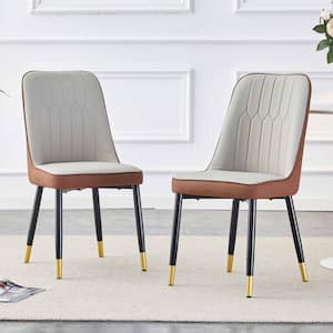 Modern Brown/Light Gray PU Leather Seat Dining Chairs Set of 2 for Kitchen, Living, Dining Room