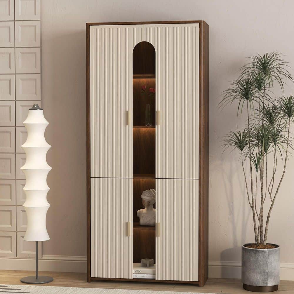Quenton Modern 68.1 in. Tall Brown and Beige MDF Wood Accent Storage Cabinet with Doors, Bookcase with LED Lights price history on PriceWatchPro