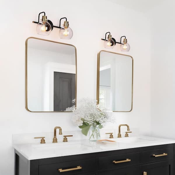 14.5 in. 2-Light Modern Black DIY Bathroom Vanity Light, Brass Globe Clear Glass Bath Light, Industrial Wall Sconce