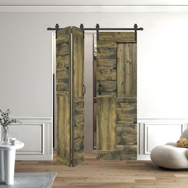 ISLIFE S Style 60in.x84in.(15''X84''X4panels) Aged Barrel Solid Wood Bi-Fold Barn Door With Hardware Kit -Assembly Needed